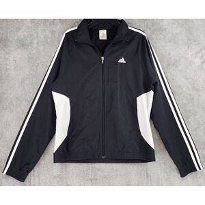 Adidas Jacket Womens Medium Black White 3 Stripe Athletic Full Zip Wind Breaker